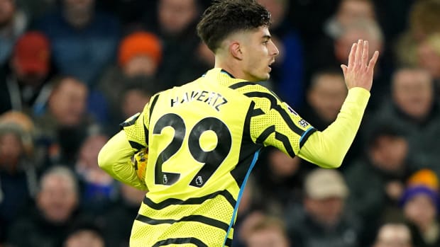 Kai Havertz pictured celebrating a goal during Arsenal's 4-3 win at Luton Town in December 2023